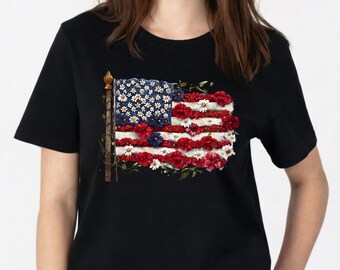 Floral American Flag Shirt,Patriotic Flowers USA shirt,Red White and Blue Floral Graphic Shirts,Memorial Day GiftAmerican Flag Floral Shirts