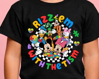 Rizz Em With The Tism Shirts,Autism Awareness Mouse and Friends Shirts,Funny Neurodiversity Kids Shirt,Colorful Puzzle Piece Graphic T-shirt