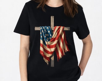 Christian Gift for Him Her,American Cross Patriotic Shirts,USA Flag Drape Cross Shirts,Independence Day Faith Shirts,Memorial Day T-shirt