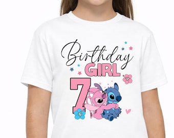 Stitch and Angel Birthday Shirts,7th Birthday Girl Shirts,Lilo and Stitch Theme Party Outfit,Kids Birthday Gift,Pink and Blue Stitch Shirts