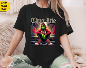 Thug Life Grinch tee,Funny Christmas Streetwear Hoodie Style Tee,Urban Holiday Outfit,Grinch Street Style Shirt,Gangsta Grinch Christmas tee