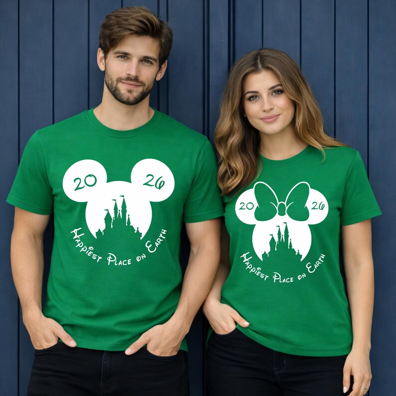 K&ouml;nnte beinhalten: Zwei Personen tragen passende gr&uuml;ne T-Shirts. Jedes Shirt hat ein wei&szlig;es Mickey Mouse-Kopf-Design mit den Zahlen "20" und "26", eine Schlosssilhouette und den Text "Happiest Place on Earth".