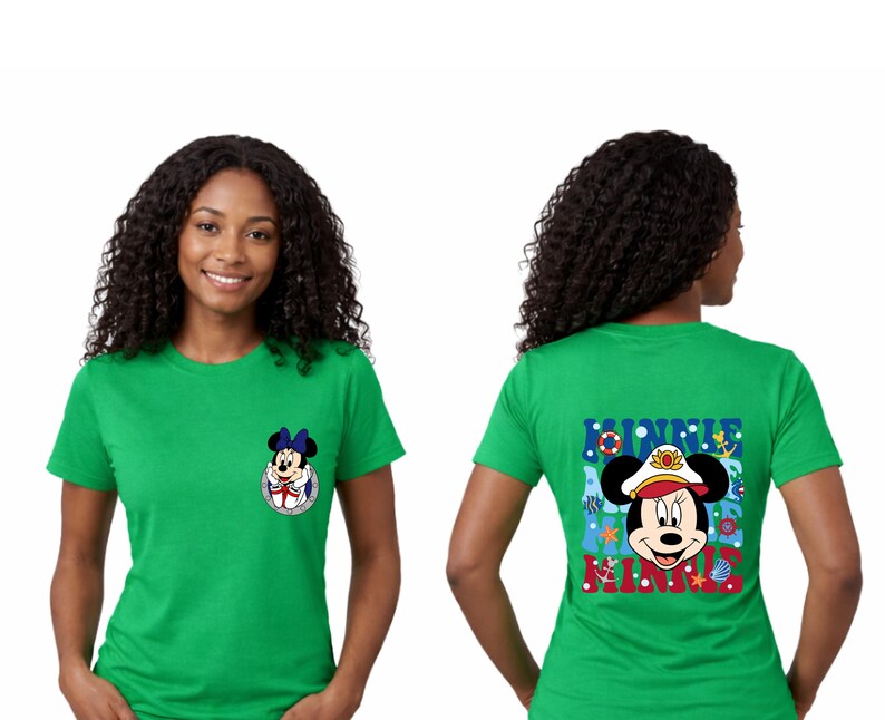 May include: A green t-shirt featuring Minnie Mouse. The front has a small Minnie Mouse graphic. The back of the shirt has a larger graphic of Minnie Mouse in a sailor hat with the words "MINNIE" in red and blue.