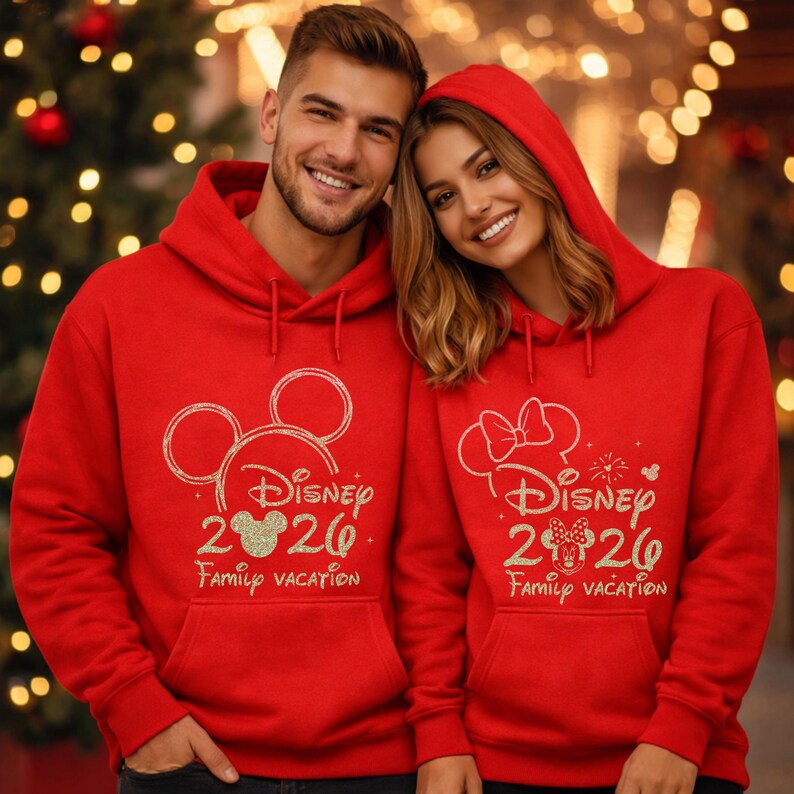 May include: Two red hoodies with the Disney logo and the text "Disney 2026 Family Vacation." One hoodie features Mickey Mouse ears, the other Minnie Mouse ears. Both have a front pocket and a drawstring hood.