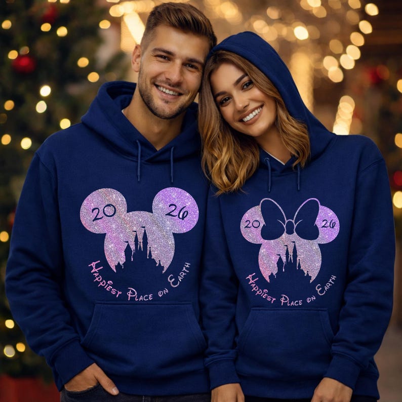 K&ouml;nnte beinhalten: Marineblaue Kapuzenpullover mit Mickey Mouse und Minnie Mouse Design. Das Design beinhaltet die Zahlen "20" und "26", eine Schlosssilhouette und den Text "Happiest Place on Earth". Die Sweatshirts haben eine Vordertasche.