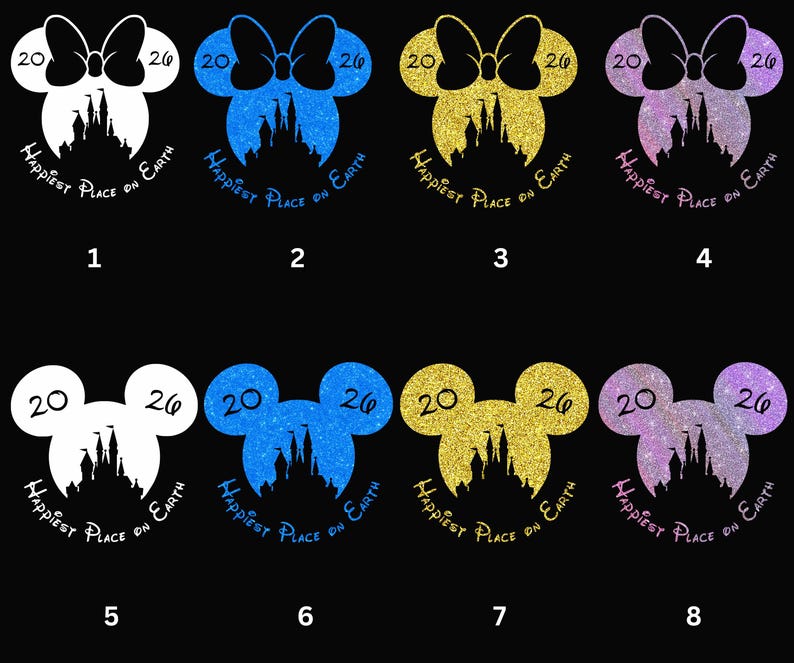 K&ouml;nnte beinhalten: Acht Mickey Mouse-f&ouml;rmige Designs mit einer Schlosssilhouette, einer Schleife und den Zahlen "20" und "26". Jedes Design hat eine andere Farbe: Wei&szlig;, Blau, Gold und Lila. Der Text "Happiest Place on Earth" ist ebenfalls enthalten.