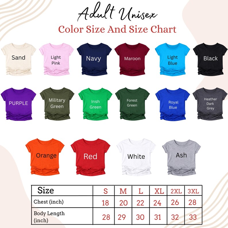 K&ouml;nnte beinhalten: Eine Farb- und Gr&ouml;&szlig;entabelle f&uuml;r Unisex-T-Shirts f&uuml;r Erwachsene. Die Tabelle zeigt verschiedene T-Shirt-Farben, darunter Sand, Hellrosa, Marine, Bordeauxrot, Hellblau, Schwarz, Lila, Milit&auml;rgr&uuml;n, Irischgr&uuml;n, Waldgr&uuml;n, K&ouml;nigsblau, Heather Dark Grey, Orange, Rot, Wei&szlig; und Asch. Die Gr&ouml;&szlig;entabelle zeigt Brust- und K&ouml;rperl&auml;ngenma&szlig;e in Zentimetern.
