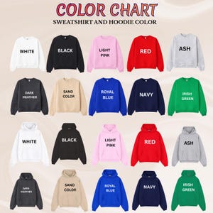 K&ouml;nnte beinhalten: Eine Farbkarte mit verschiedenen Sweatshirt- und Hoodie-Farben. Die Karte enth&auml;lt Farben wie Wei&szlig;, Schwarz, Hellrosa, Rot, Aschgrau, Dunkelgrau, Sandfarbe, K&ouml;nigsblau, Marineblau und Irischgr&uuml;n. Der Text "FARBKARTE" und "SWEATSHIRT- UND HOODIE-FARBE" befindet sich oben.