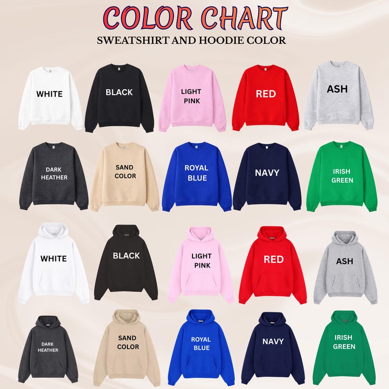 K&ouml;nnte beinhalten: Eine Farbkarte mit verschiedenen Sweatshirt- und Hoodie-Farben. Die Karte enth&auml;lt Farben wie Wei&szlig;, Schwarz, Hellrosa, Rot, Aschgrau, Dunkelgrau, Sandfarbe, K&ouml;nigsblau, Marineblau und Irischgr&uuml;n. Der Text "FARBKARTE" und "SWEATSHIRT- UND HOODIE-FARBE" befindet sich oben.