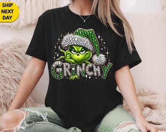 Grinch Christmas tee with Sparkly Bling Effect ,Funny Holiday Graphic Tee with,Shiny Bling Holiday Shirt for Women,Christmas Xmas shirt Gift