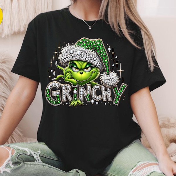 Grinch Christmas tee with Sparkly Bling Effect ,Funny Holiday Graphic Tee with,Shiny Bling Holiday Shirt for Women,Christmas Xmas shirt Gift