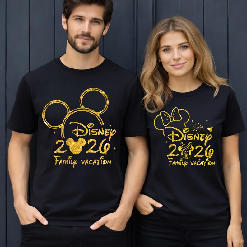 May include: Black t-shirts with gold glitter designs. One shirt features a Mickey Mouse head outline, the text "Disney 2020 Family Vacation". The other shirt has a Minnie Mouse head outline, the text "Disney 2020 Family Vacation".