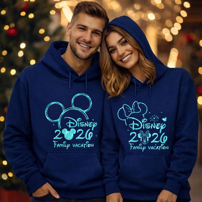 May include: Two navy blue hooded sweatshirts with a Disney theme. One features Mickey Mouse ears, the other a Minnie Mouse bow. Both have "Disney 2020 Family Vacation" in teal. The sweatshirts have a front pocket and drawstrings.