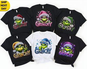 Bling Grinch Christmas Shirt Women,Sparkly Grinchy Holiday  shirt,Funny Xmas Shirt,Rhinestone Look Grinch Top tees,Color Options,Ships Fast