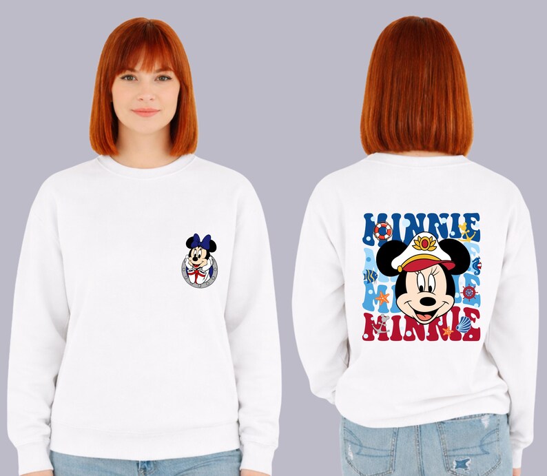 May include: White sweatshirt featuring a Minnie Mouse graphic on the front and back. The front graphic is a small Minnie Mouse in a sailor outfit. The back graphic says "MINNIE" in blue and red with nautical elements.