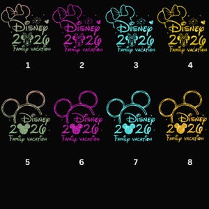 May include: Eight Disney-themed designs with a black background. Each design features a Mickey Mouse silhouette, a bow, the text "Disney 2026", and "Family Vacation" in various colors, including gold, pink, and blue.