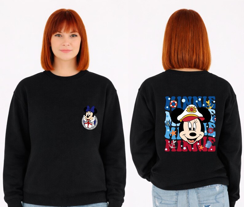 May include: Black sweatshirt featuring a Minnie Mouse graphic. The front has a small Minnie Mouse design, while the back displays a larger nautical-themed Minnie Mouse graphic with the text "Minnie".