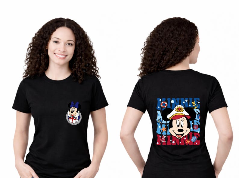 May include: Black t-shirt featuring a Minnie Mouse graphic on the front and back. The front graphic is a small Minnie Mouse in a sailor outfit. The back graphic says "MINNIE" with Minnie Mouse wearing a sailor hat.
