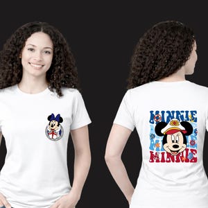 May include: White t-shirt featuring a Minnie Mouse graphic on the front pocket and back. The back design includes the word "MINNIE" in blue and red, with Minnie Mouse wearing a sailor hat.