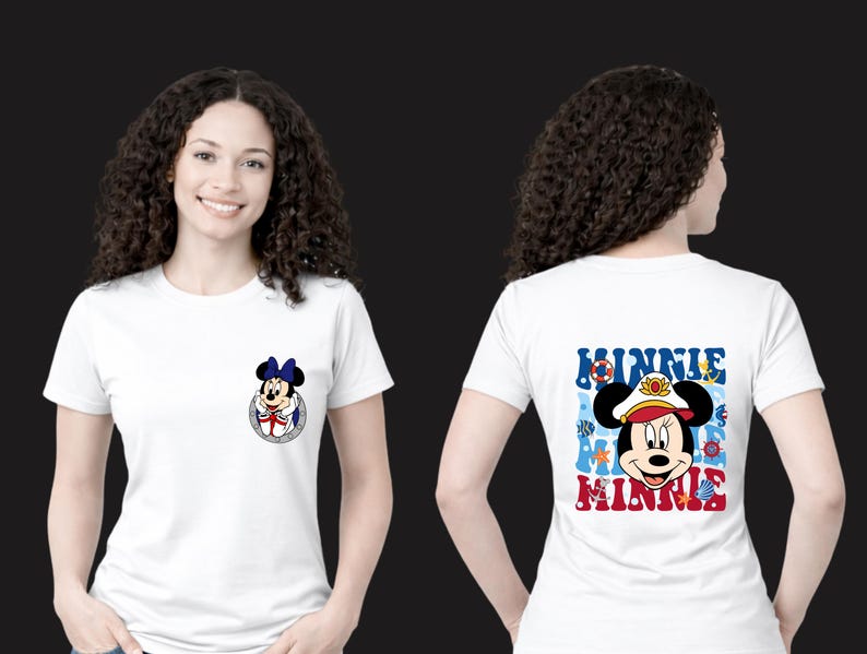 May include: White t-shirt featuring a Minnie Mouse graphic on the front pocket and back. The back design includes the word "MINNIE" in blue and red, with Minnie Mouse wearing a sailor hat.