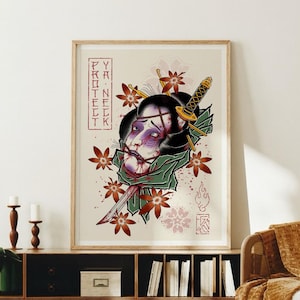 Stampa artistica di tatuaggio giapponese: Namakubi Geisha - Proteggi il tuo collo (Download digitale)