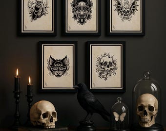 Set de láminas de tatuajes tradicionales de estilo vintage de artes oscuras: Ocultismo - Gótico - Decoración espeluznante