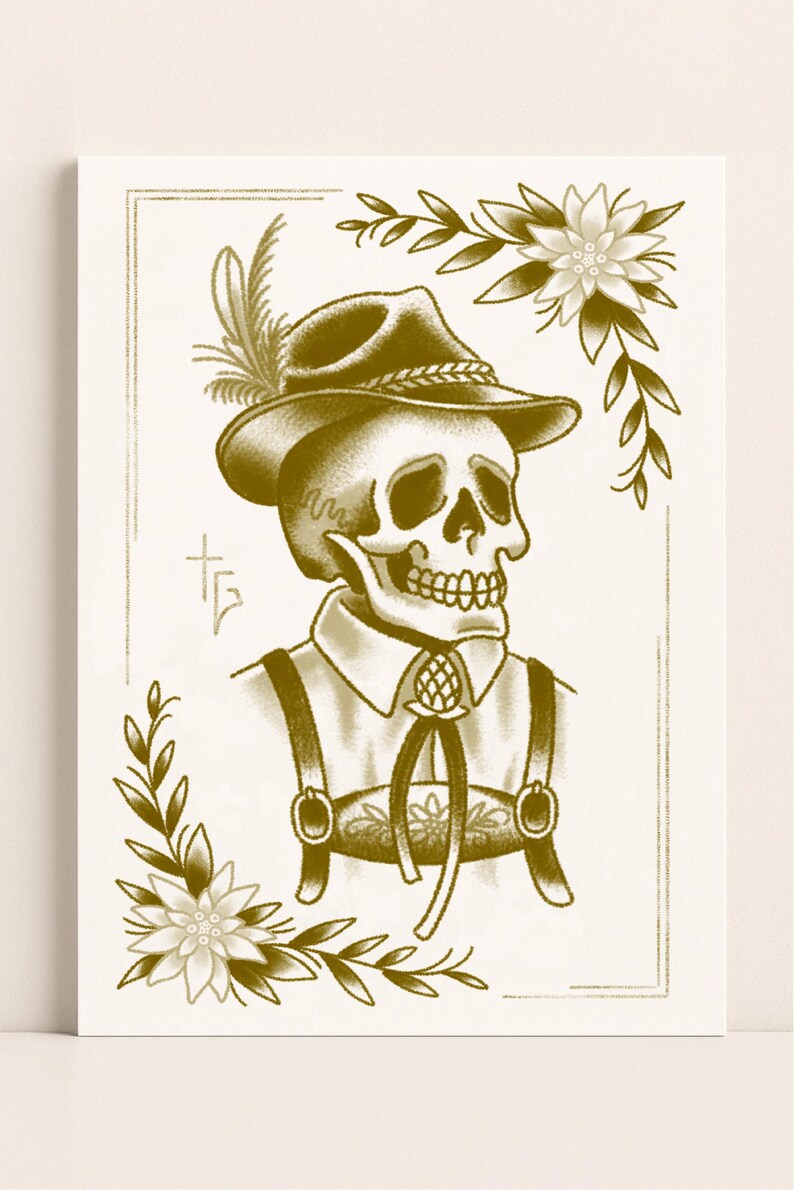 Puede incluir: Ilustraci&oacute;n en tonos sepia de un esqueleto vestido con traje b&aacute;varo tradicional, incluyendo sombrero con pluma, tirantes y camisa decorada. La imagen est&aacute; enmarcada con motivos florales y de hojas.