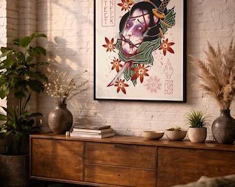 Lámina de arte de tatuajes de estilo japonés – Geisha/Namakubi - Varios tamaños disponibles