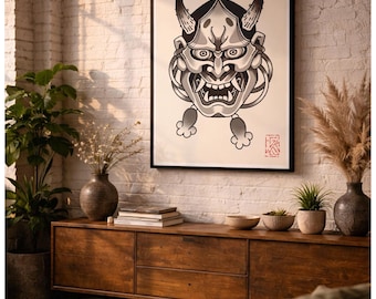 Estampado de tatuaje de máscara Hannya negra – Arte mural japonés de demonio Oni, póster minimalista negro Flash