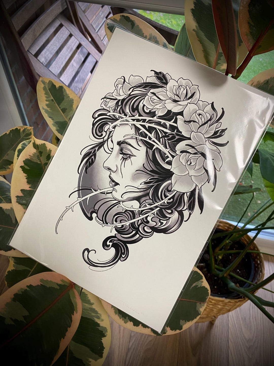 Neo Traditional Tattoo Art Print: Woman With Flowers, Black & Grey ...