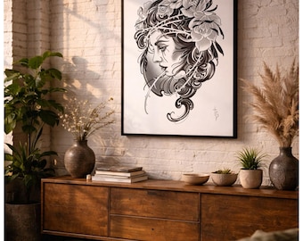 Estampado de tatuaje de mujer neotradicional, arte floral en blanco y negro, póster de decoración de pared gótica.