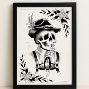 May include: Black and white framed art print featuring a skull wearing a traditional hat with a feather, a white shirt, and suspenders. Floral and leaf accents surround the skull. The artwork is in a tattoo style.