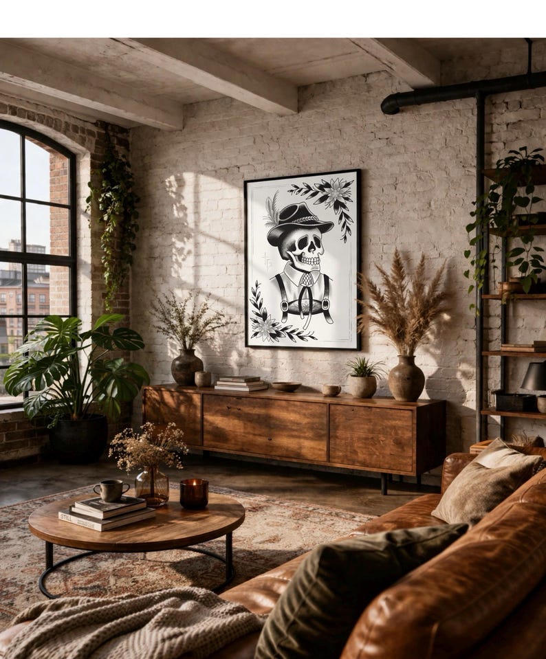 Puede incluir: Una impresi&oacute;n art&iacute;stica en blanco y negro enmarcada que representa un esqueleto con sombrero y tirantes. La obra de arte se exhibe en una sala de estar con un sof&aacute; de cuero, muebles de madera y plantas. La habitaci&oacute;n tiene un estilo r&uacute;stico e industrial.