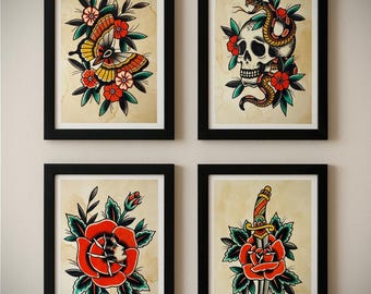 Impresiones de tatuajes tradicionales: calavera, rosa, daga y mariposa (juego de 4)