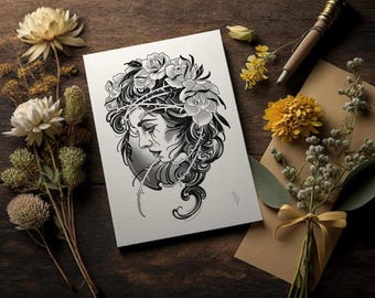 Tattoo Kunst Druck: Black & Grey Frau mit Blumen (Digitaler Download)