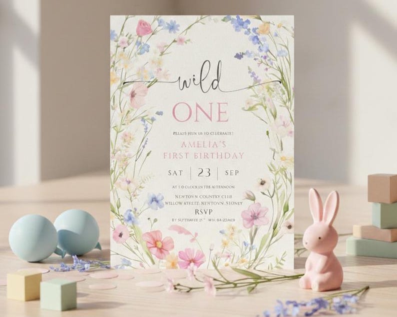 Wildflower 1st Birthday Invitation Template, Editable Wild One Birthday Girl Digital Invitation, Floral First Birthday Party, Canva E04 image 4