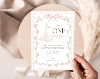 One Silly Goose First Birthday Invitation, Elegant Floral Bow Theme Editable Template, Pink Gingham Goose Party Invite Girl 1st Birthday P11