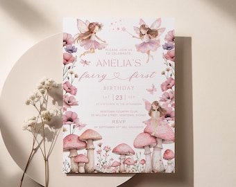 Fairy First Birthday Invitation Girl, Fairy 1st Birthday Invite, Enchanted Garden Fairy Invitation, Birthday Girl Whimsical 1st, Canva  E02