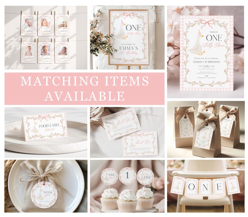 Op de afbeelding: Een verzameling feestartikelen met een roze en gouden thema. Items zijn onder meer uitnodigingen, een welkomstbord, cadeaulabels, cupcake toppers en een banner. Het ontwerp bevat een ganzenillustratie en de tekst "ONE".