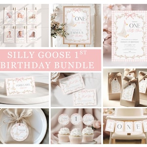 May include: A collection of party supplies with a "Silly Goose 1st Birthday" theme. Includes invitations, food labels, thank you cards, gift tags, cupcake toppers, and a banner. The color scheme is soft pink, beige, and gold.