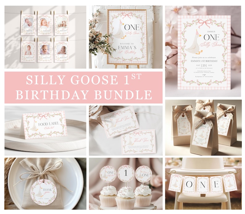 May include: A collection of party supplies with a "Silly Goose 1st Birthday" theme. Includes invitations, food labels, thank you cards, gift tags, cupcake toppers, and a banner. The color scheme is soft pink, beige, and gold.