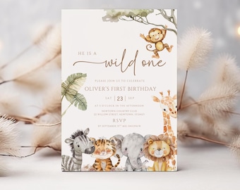 Editable Wild One Boy Birthday Invitation Safari Animal Birthday Invitation 1st Birthday Invite with Photo Boho First Birthday Jungle 1 st