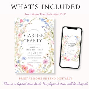 May include: A 5"x7" garden party invitation template featuring a watercolor floral border with pink, blue, and yellow wildflowers. The text reads: Garden Party, Amelia's 18th Birthday, Sat 23 Sep, Newtown Country Club, Willow Street, Newtown, Sydney, RSVP.