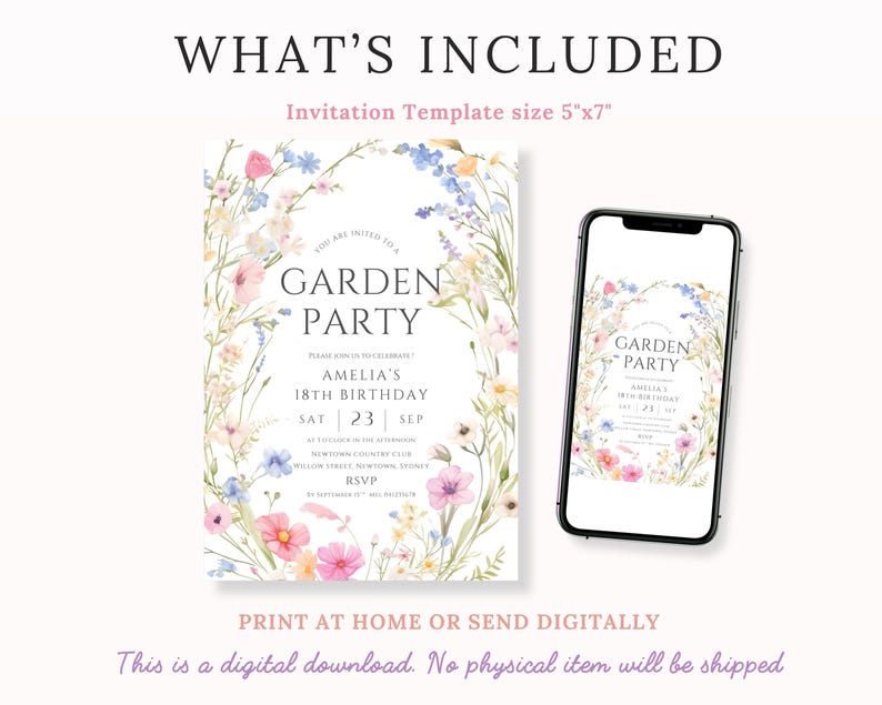 May include: A 5"x7" garden party invitation template featuring a watercolor floral border with pink, blue, and yellow wildflowers. The text reads: Garden Party, Amelia's 18th Birthday, Sat 23 Sep, Newtown Country Club, Willow Street, Newtown, Sydney, RSVP.