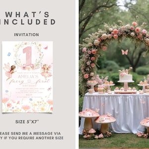 May include: A first birthday invitation with a fairy theme, featuring a pink floral design and the text "Amelia's fairy first birthday." The invitation is 5"x7" in size. The image also shows a party setup with a cake, cupcakes, and mushroom decorations.