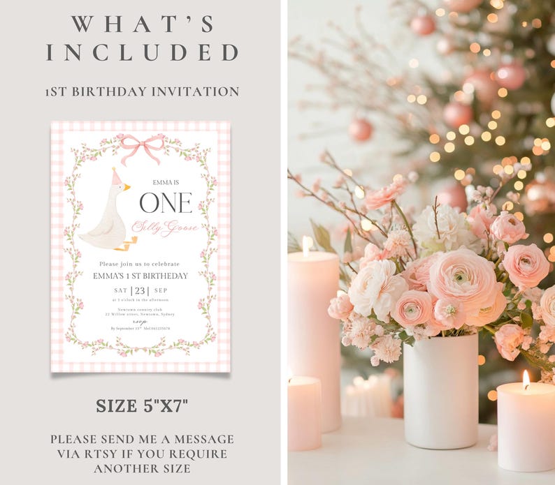 Op de afbeelding: Een roze en witte 1e verjaardagsuitnodiging met een ganzenillustratie. De uitnodiging is 12,7 cm x 17,8 cm en bevat de tekst "EMMA IS ONE". De uitnodiging is omgeven door een roze gingham rand en bloemaccenten.