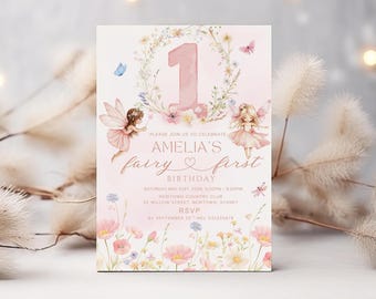 Fairy First Birthday Invitation Girl, Fairy 1st Birthday Invite, Girl 1st Birthday Invitation, Garden Fairy Birthday, Canva Template E02