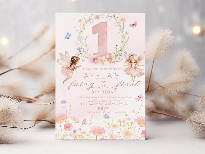 May include: A pink and white invitation card for a first birthday party. The card features a large number one, floral accents, and illustrations of fairies. The text reads "Amelia's fairy first birthday".