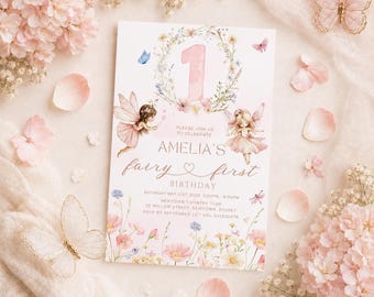 Fairy First Birthday Invitation Girl, Fairy 1st Birthday Invite, Girl 1st Birthday Invitation, Garden Fairy Birthday, Canva Template E02