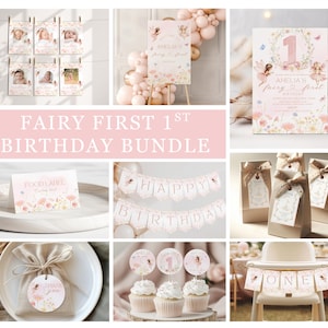 Fairy First Birthday Invitation Bundle, Fairy 1st Birthday Banner, Girl 1st Birthday Decor, Garden Fairy Birthday, Canva Template E02